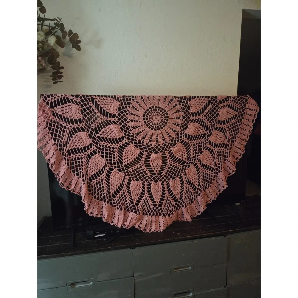 hand crocheted tablecloth dusty rose measure 55 inches at the widest part